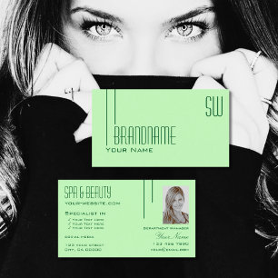 Carte De Visite Vert pastel clair avec Monogramme et photo moderne