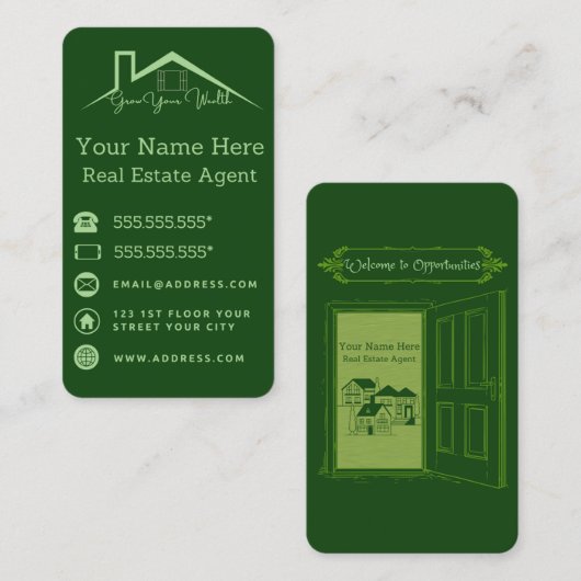 Carte de visite Vert Pour Agents Immobiliers (Devant / Derrière)