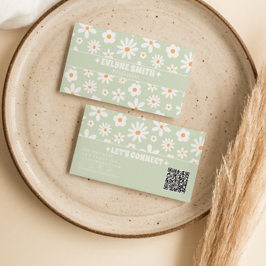 Carte De Visite Vert Rétro Code QR Blanc Floral Groovy Unique Amus