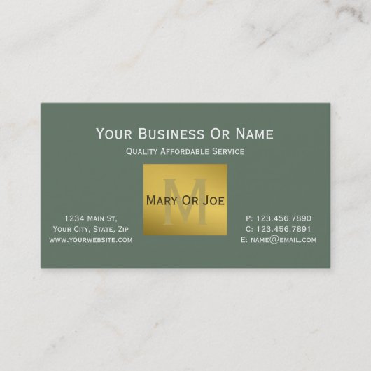 Carte De Visite Vert sage Blanc Luxe Monogramme Or (Devant)