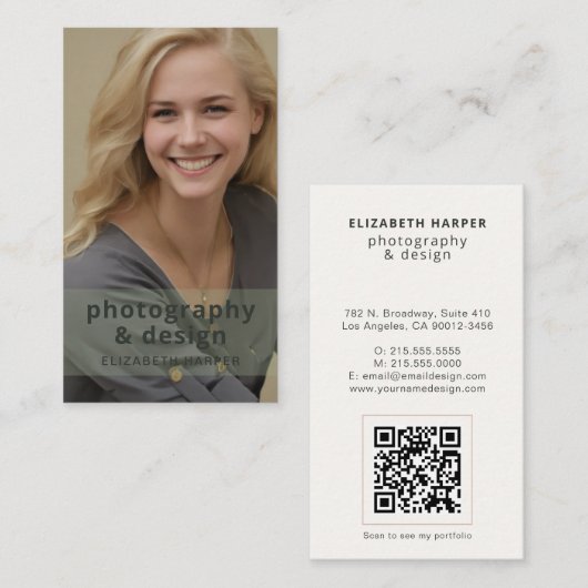 Carte De Visite Vert Sage Moderne Code QR Photo Professionnel (Devant / Derrière)