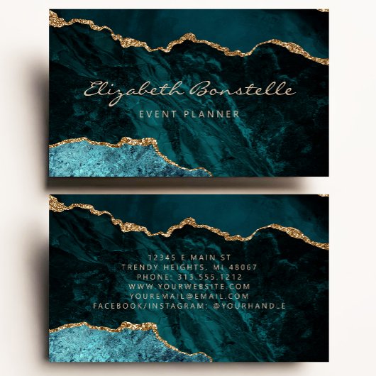 Carte De Visite Vert sarcelle Luxe Paillettes Or Agate