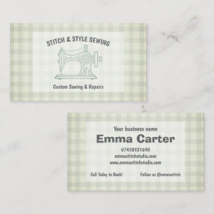 Carte De Visite Vert sauge gingham machine à coudre couturière