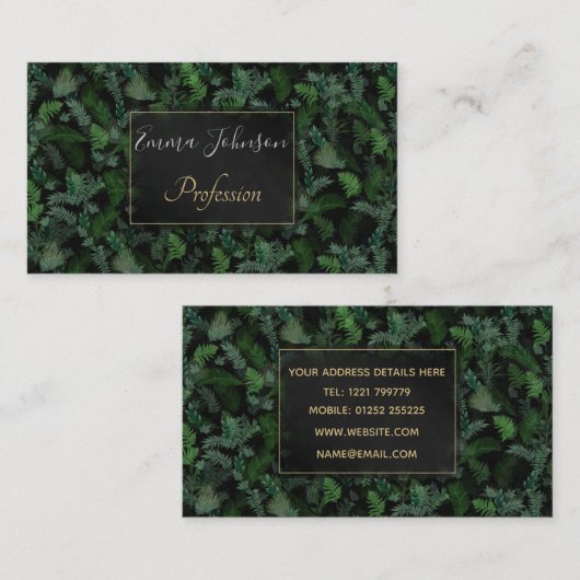 Carte De Visite Vert tropicale moderne Feuillage vert noir (Devant / Derrière)