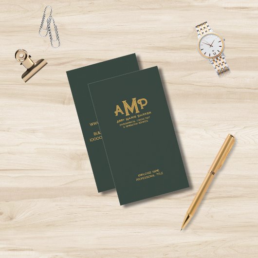 Carte De Visite Verte et or 3 lettres Monogramme Logo d'affaires