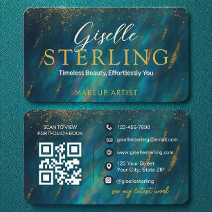 Carte De Visite Verte Opal Glam Script en pierre Code QR moderne