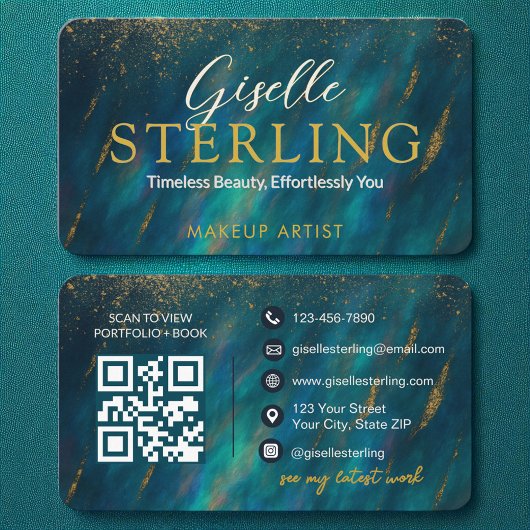 Carte De Visite Verte Opal Glam Script en pierre Code QR moderne