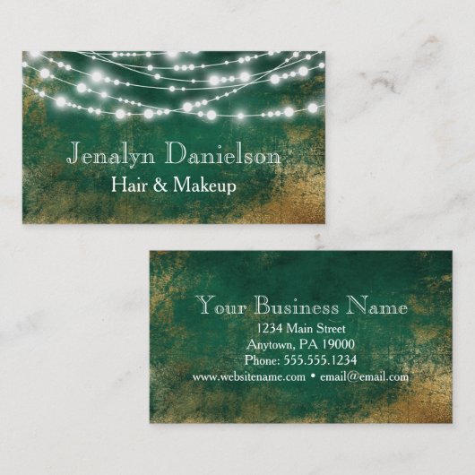 Carte De Visite Verte Or Élégant Festif Hanging String Lumières (Devant / Derrière)