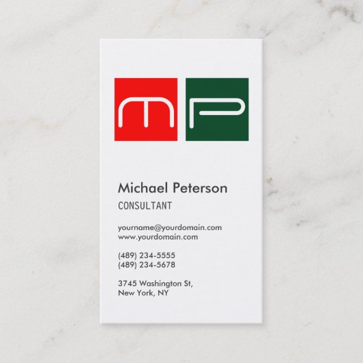Carte de visite Vertical Blanc Rouge Vert Monogram (Devant)