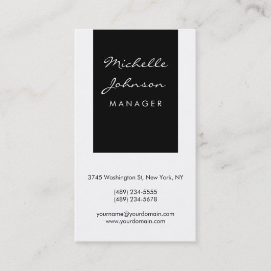 Carte de visite Vertical Script Black White Manage (Devant)