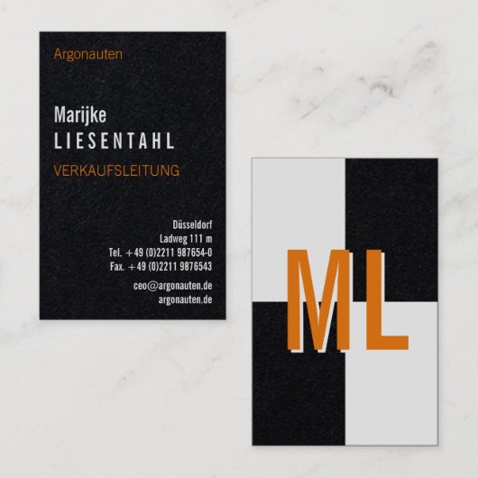 Carte de visite verticale monogramme blanc orange (Devant / Derrière)