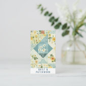 Carte De Visite Vêtement fait main en patchwork bleu jaune (Debout devant)