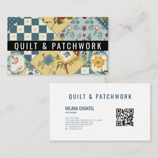 Carte De Visite Vêtement fait main en patchwork bleu jaune (Devant / Derrière)