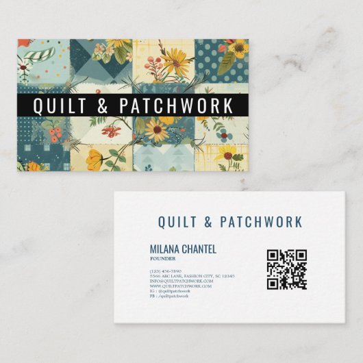 Carte De Visite Vêtement fait main en patchwork bleu jaune  (Devant / Derrière)