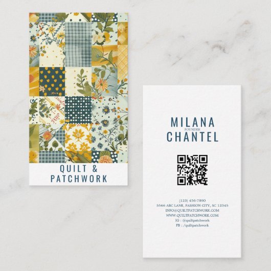 Carte De Visite Vêtement fait main en patchwork bleu jaune (Devant / Derrière)