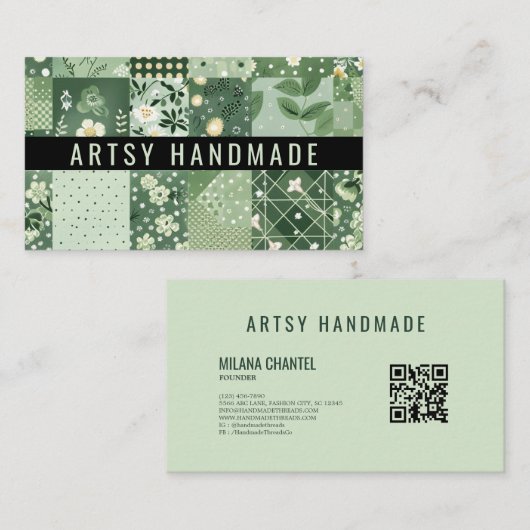 Carte De Visite Vêtement fait main en patchwork de quilt vert (Devant / Derrière)