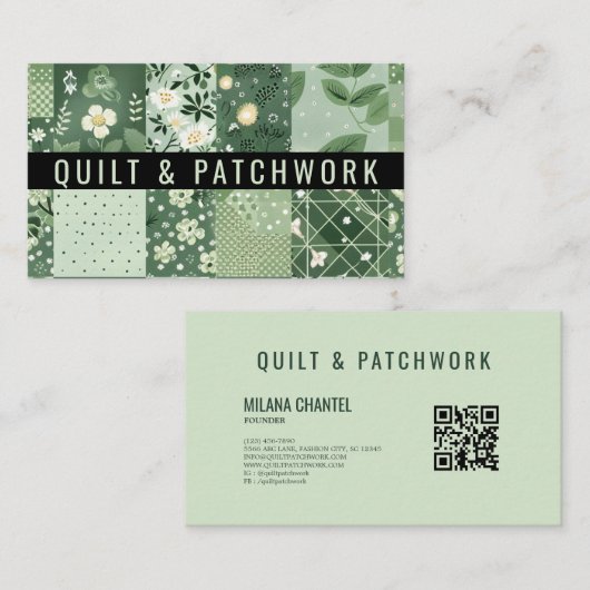 Carte De Visite Vêtement fait main en patchwork de quilt vert (Devant / Derrière)