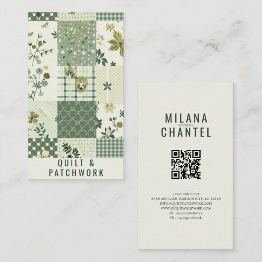Carte De Visite Vêtement fait main en patchwork de quilt vert (Devant / Derrière)