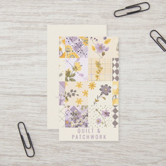 Carte De Visite Vêtement fait main en patchwork jaune lilas  (Devant/Arrière en situation)