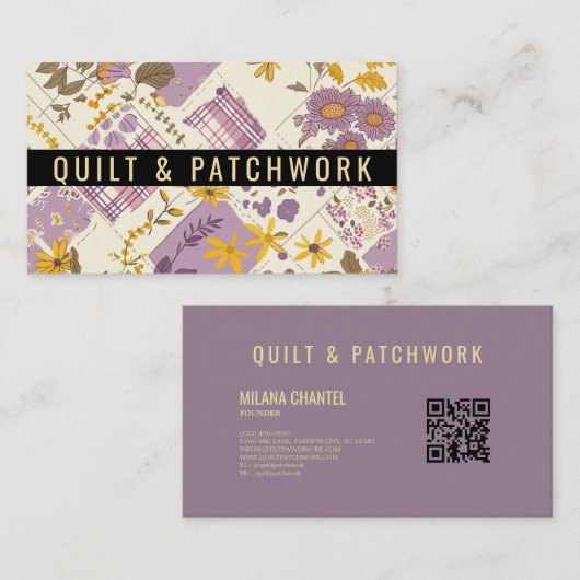 Carte De Visite Vêtement fait main en patchwork jaune lilas (Devant / Derrière)