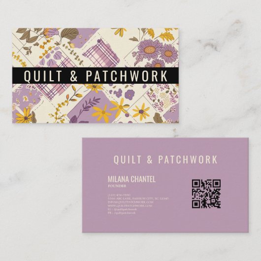 Carte De Visite Vêtement fait main en patchwork jaune lilas (Devant / Derrière)