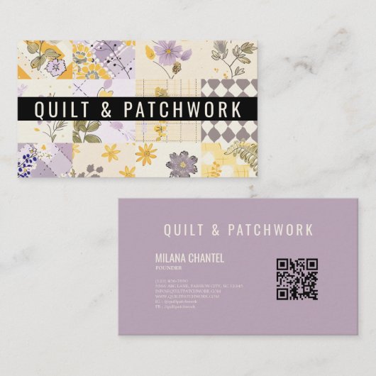 Carte De Visite Vêtement fait main en patchwork jaune lilas (Devant / Derrière)