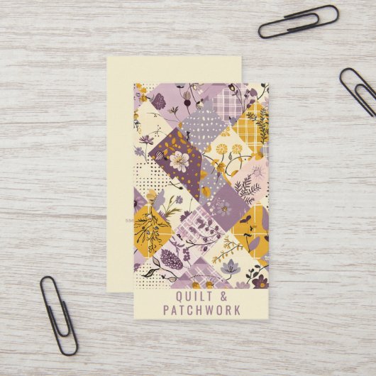 Carte De Visite Vêtement fait main en patchwork jaune lilas (Devant/Arrière en situation)
