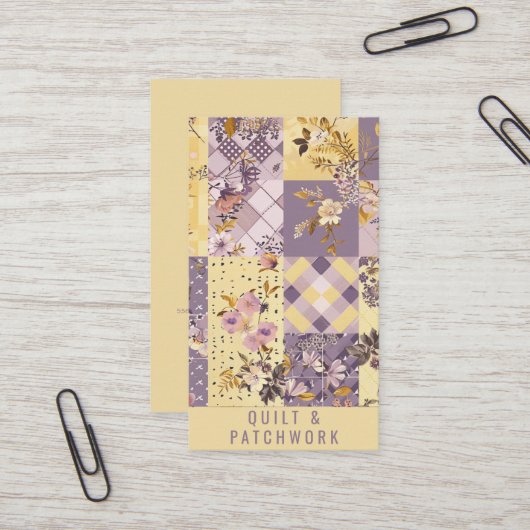 Carte De Visite Vêtement fait main en patchwork jaune lilas (Devant/Arrière en situation)