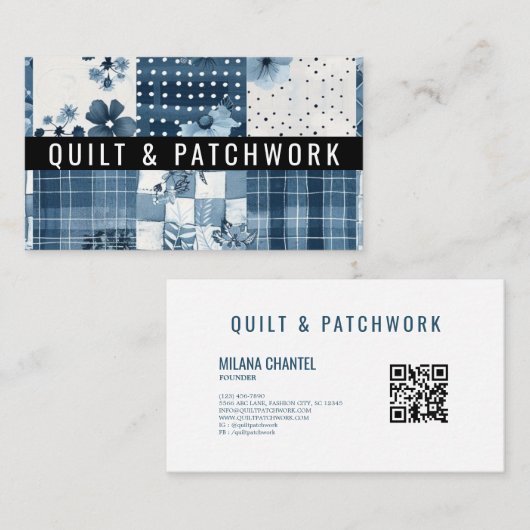 Carte De Visite Vêtements faits main en patchwork de quilt bleu (Devant / Derrière)