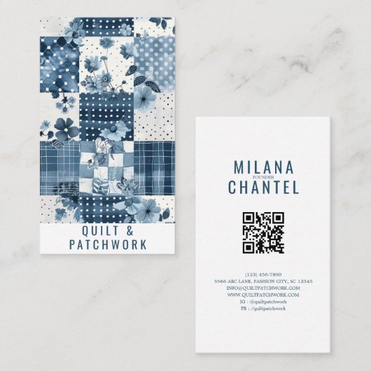 Carte De Visite Vêtements faits main en patchwork de quilt bleu (Devant / Derrière)