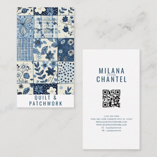 Carte De Visite Vêtements faits main en patchwork de quilt bleu (Devant / Derrière)
