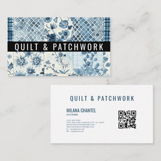 Carte De Visite Vêtements faits main en patchwork de quilt bleu (Devant / Derrière)