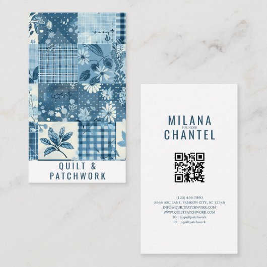 Carte De Visite Vêtements faits main en patchwork de quilt bleu (Devant / Derrière)