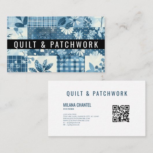 Carte De Visite Vêtements faits main en patchwork de quilt bleu (Devant / Derrière)