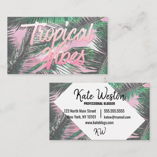 Carte De Visite Vibes tropicales Typographie Pink Aquarelle Palms (Devant / Derrière)