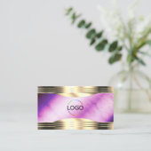 Carte De Visite Vibrant Marbre violet Gold Borders Logo et photo (Debout devant)