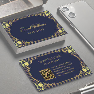 Carte De Visite Vintage Bleu Marine Faux Or Code QR Écriture Éléga