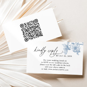 Carte De Visite Vintage Blue Floral QR code Mariage RSVP