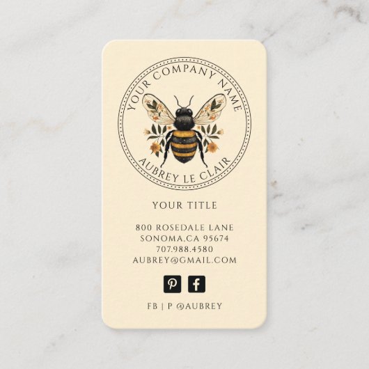 Carte De Visite Vintage Botanical Bee Logo Template (Devant)