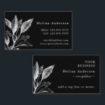 Carte de visite vintage Botanique noir et blanc<br><div class="desc">Délicat blanc Vintage botanique sur un carte de visite arrière - plan noir. Le design comporte une illustration botanique antique et avec la belle police blanche et le choix de scripts fait de cette carte une belle carte féminine. Les champs de texte modèles sont préconçus pour vous permettre de personnaliser...</div>