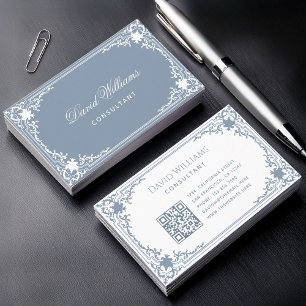 Carte De Visite Vintage Dusty Bleu Blanc QR Code Élégant Antique