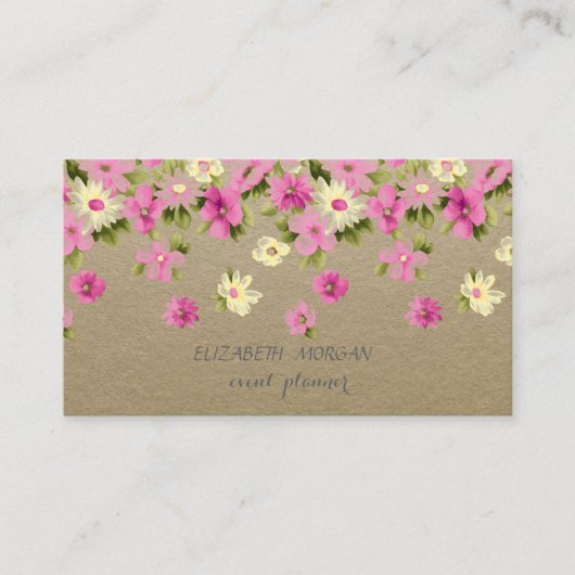 Carte De Visite Vintage élégant, Kraft, Fleurs (Devant)
