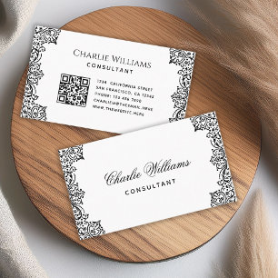 Carte De Visite Vintage élégant QR Code noir blanc Antique Script
