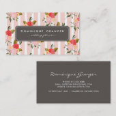 Carte de visite vintage rose rayures et fleurs (Devant / Derrière)