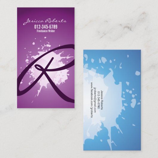 Carte de visite violet Monogramme de script Splatz (Devant / Derrière)