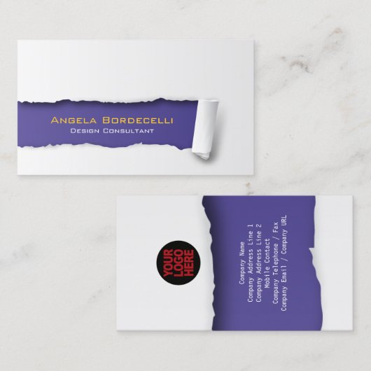 Carte de visite violet papier déchiré (Devant / Derrière)