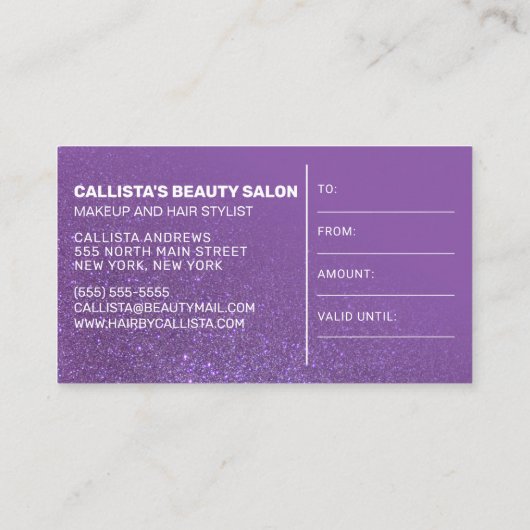 Carte De Visite Violet Violet Parties scintillant Dégradé Certific (Dos)