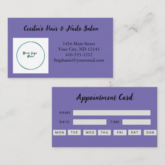 Carte de visite violette pour rendez-vous avec log (Devant / Derrière)