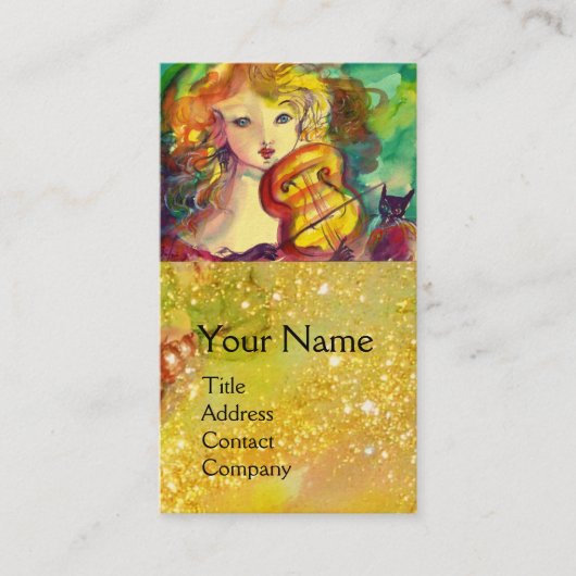 CARTE DE VISITE VIOLINISTE FILLE VIOLIN ET MONOGRAMME JAUNE CHAT/O (Devant)