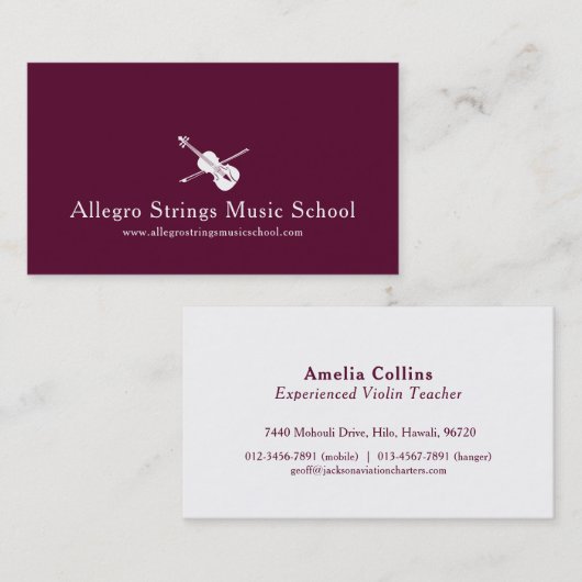 Carte de visite violon moderne rouge foncé (Devant / Derrière)